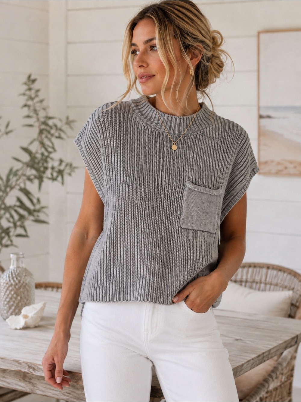 Zenana Gray Chunky Ribbed Knit Mock Neck Pocket Sweater Top S/M